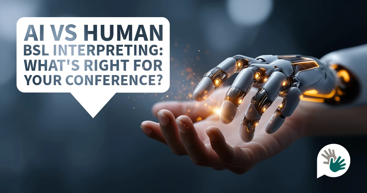 Robotic hand reaching towards a human hand, illustrating the comparison between AI and human BSL interpreting for conferences.